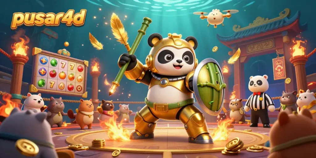 Pusar4d showcases an exciting slot game scene with a golden panda and game elements.