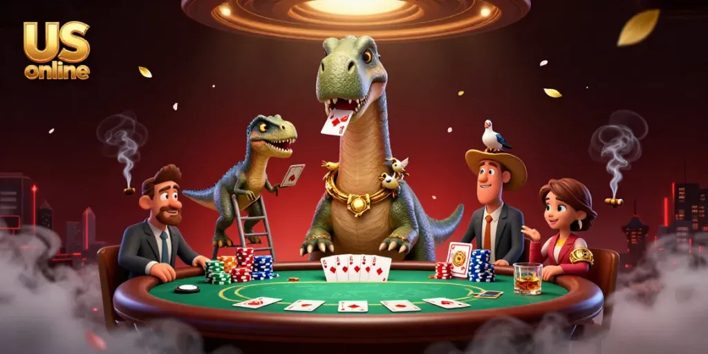Epic scene of us online casino with a brontosaurus above a poker table and a raptor dealing cards.