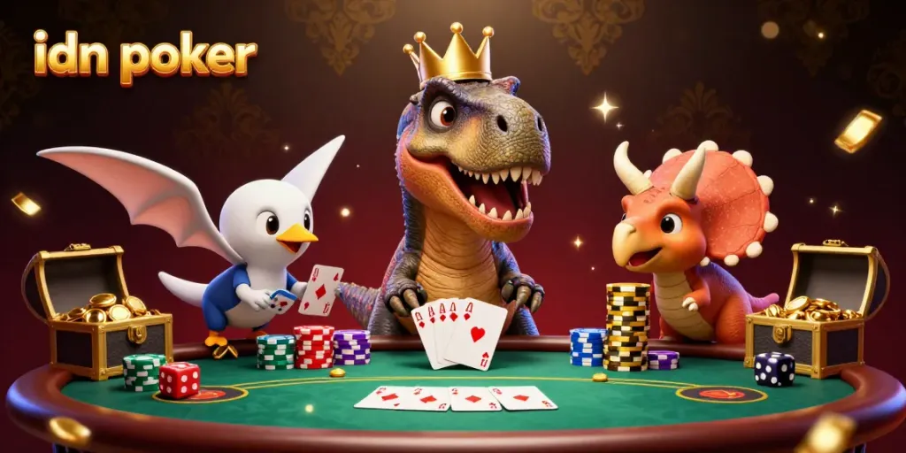 Engaging scene of idn poker characters, T-Rex shuffling cards, and triceratops stacking chips, celebrating a win.