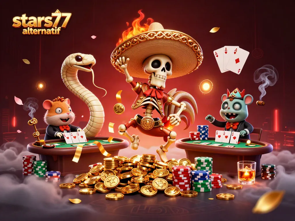 Mengakses stars77 alternatif dengan prediksi permainan dikelilingi karakter menarik dalam suasana kasino yang meriah.