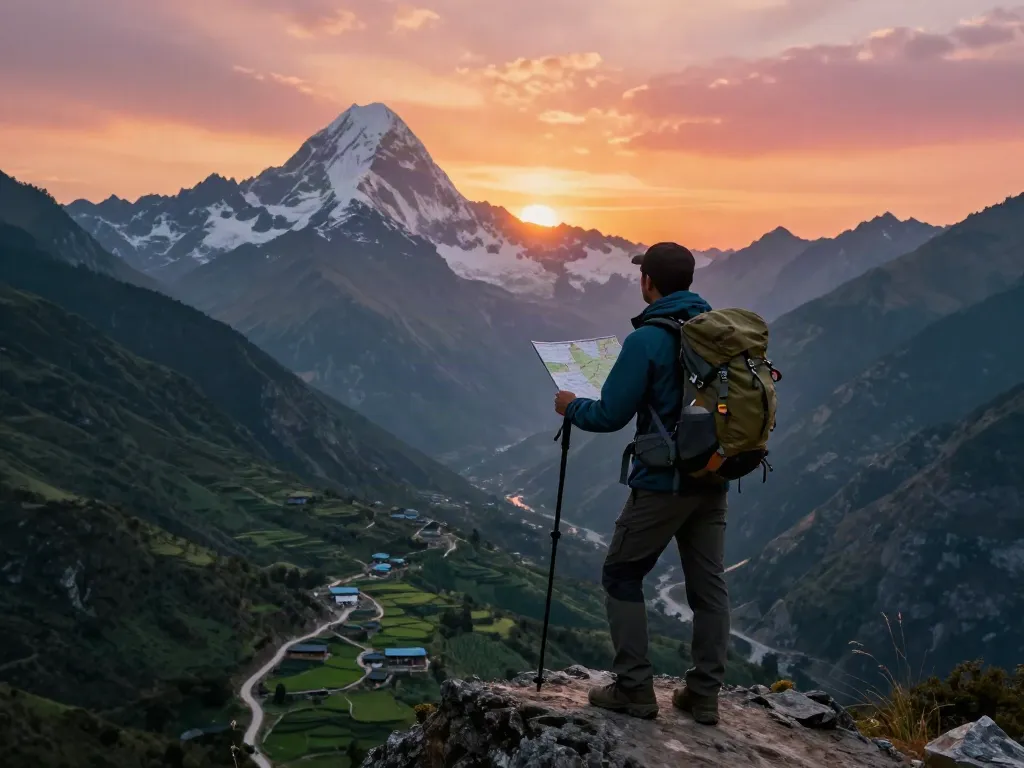 Manaslu Circuit Trek traveler enjoying stunning mountain views at sunset, capturing the adventurous spirit of trekking.
