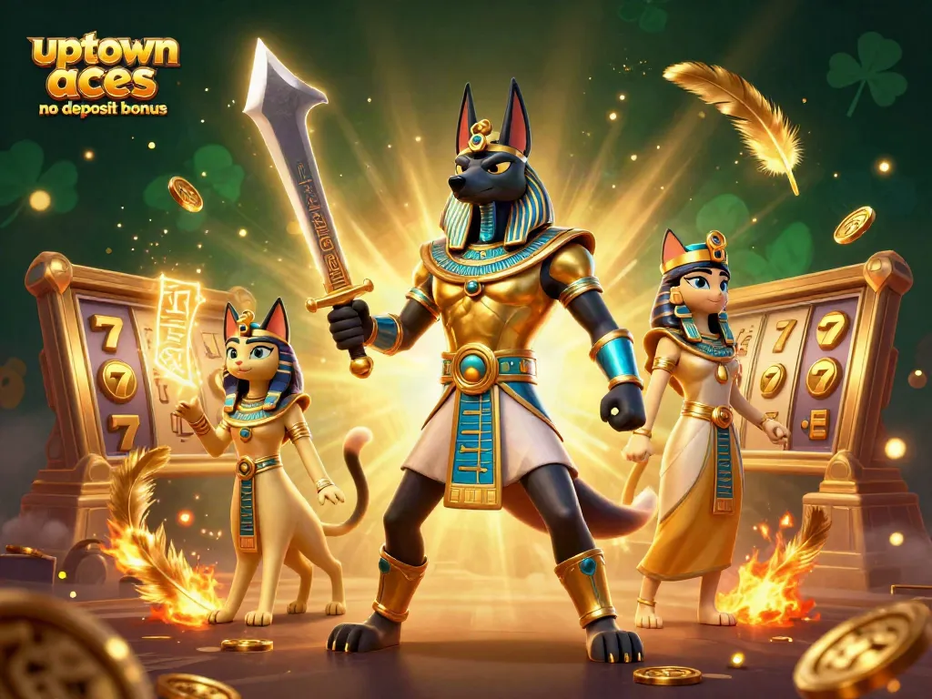 Play with the uptown aces no deposit bonus in a vibrant 3D casino scene featuring Anubis and Bastet.