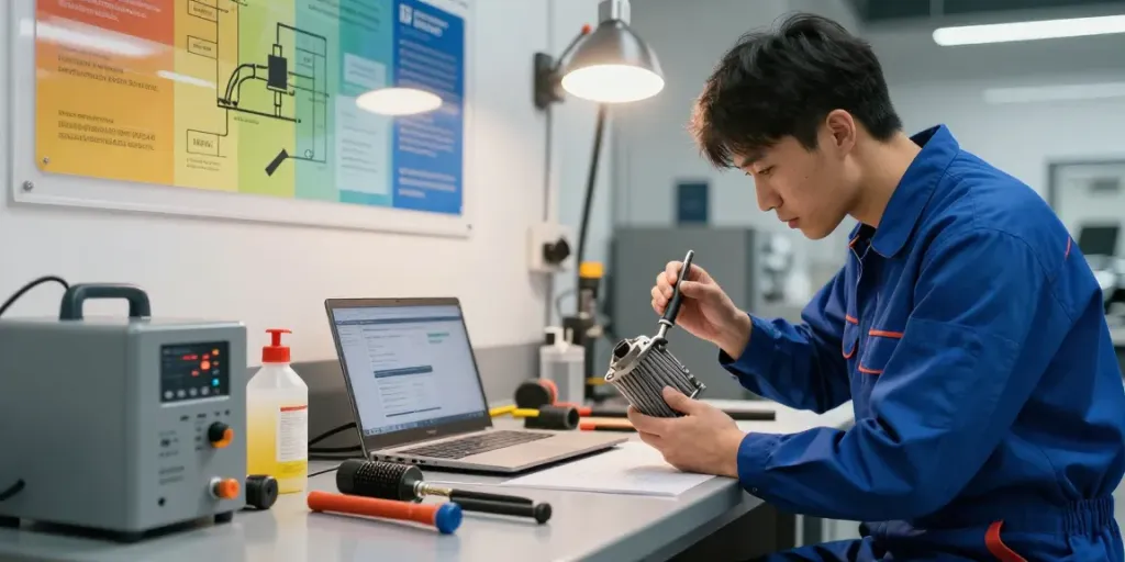 DPF Reinigung Hannover - Mechaniker inspiziert Dieselpartikelfilter in Werkstatt