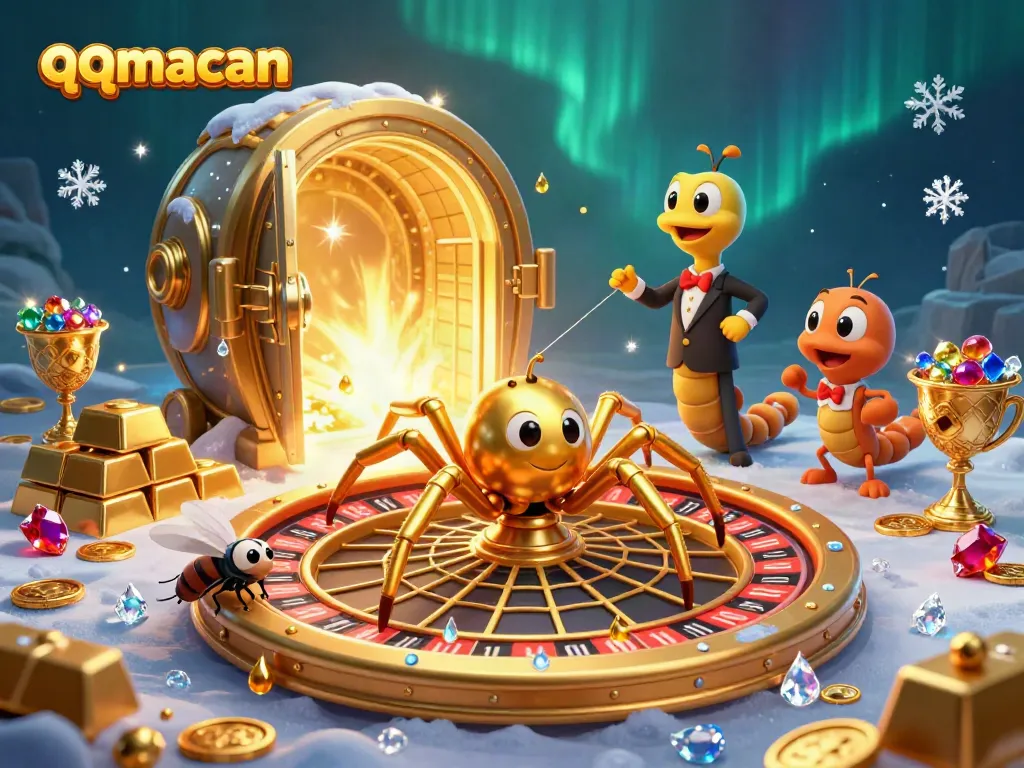 Engage players at qqmacan with a cartoon scene showcasing a spider, fly, and centipede in a vibrant casino atmosphere.