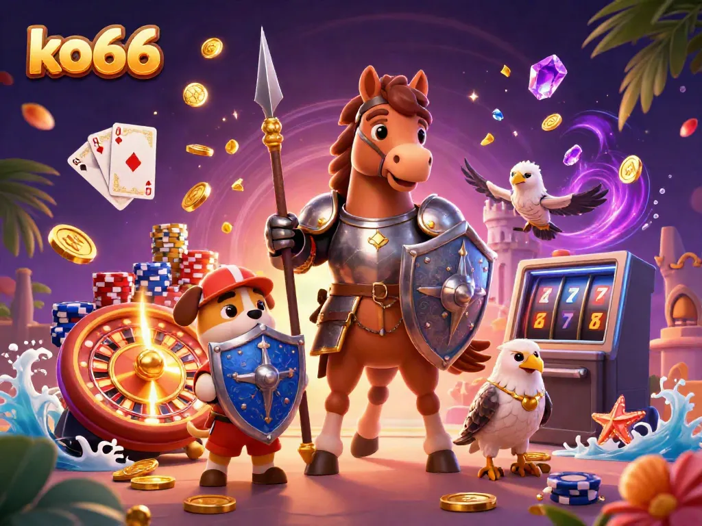 Engage with ko66's thrilling gaming experience featuring a knight, squire, and falcon amidst golden coins and casino elements.