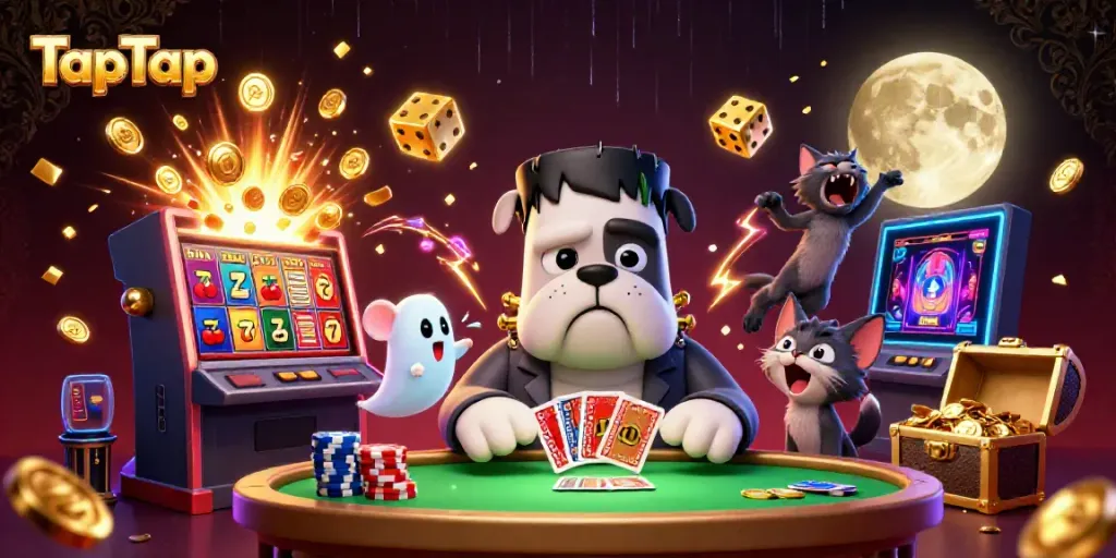 Engage with TapTap's thrilling casino scene featuring a playful bulldog dealer and dynamic game elements.