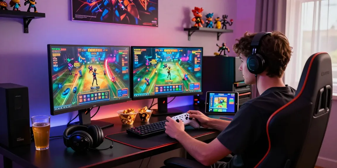 Engaged gamer enjoying slot888 games on dual monitors with snacks in a vibrant gaming setup.