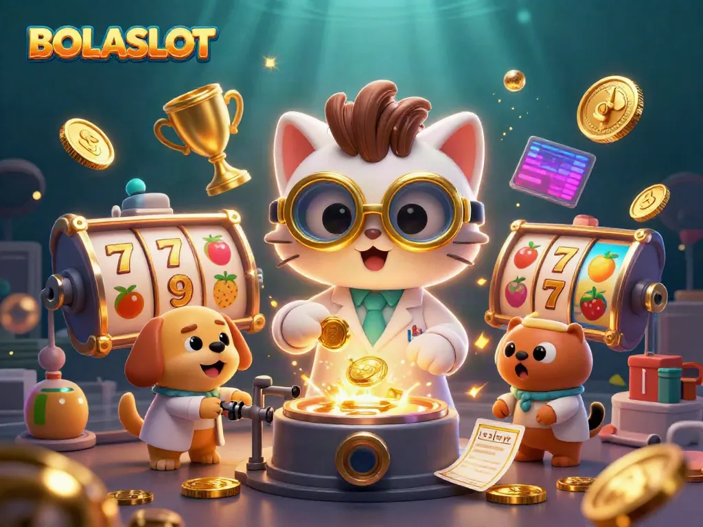 BOLASLOT showcases a vibrant, dynamic scene with a cartoon mad scientist cat and dog in a high-energy casino lab, surrounded by gold coins and slot machine elements.