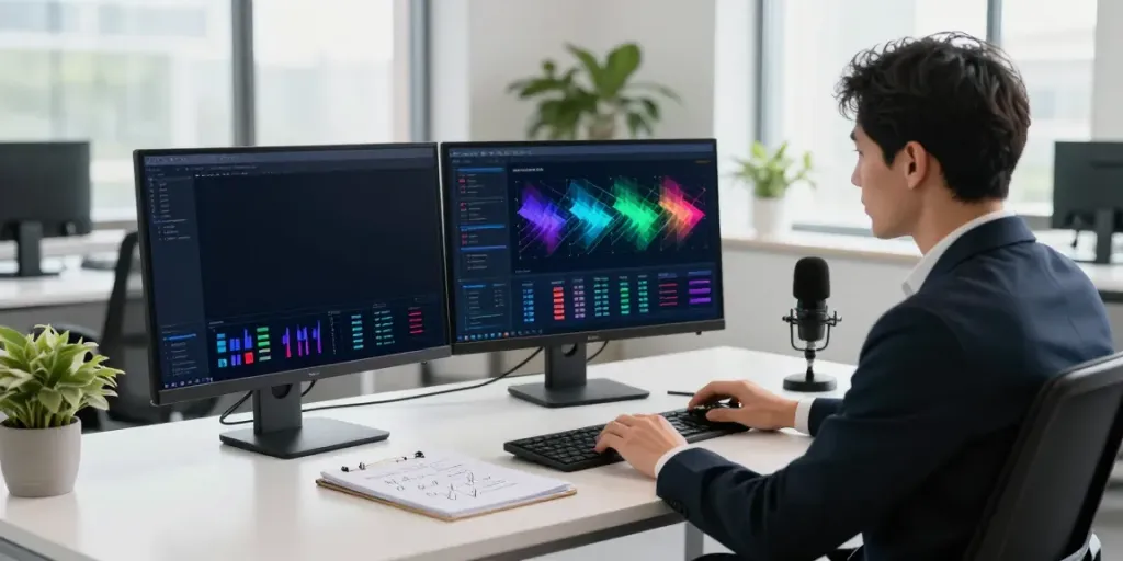This workspace illustrates what are AI tokens through a data analyst analyzing AI token metrics on dual monitors.