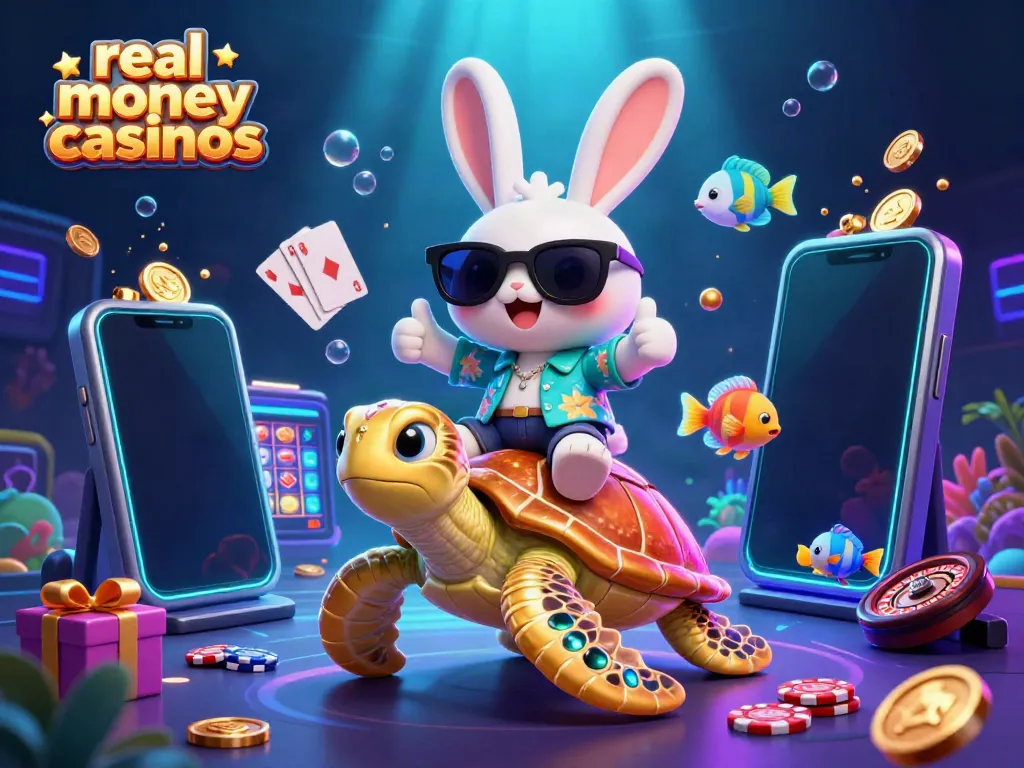 Experience the excitement of real money casinos with a lucky rabbit and golden sea turtle in a vibrant scene.