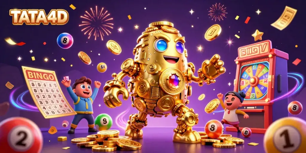 TATA4D animated scene showcasing a golden coin golem amidst lively lottery elements, radiating excitement.
