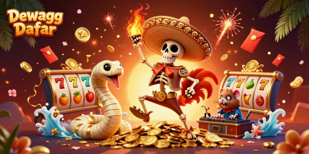 Spin and win with Dewagg Daftar in a vibrant 3D casino scene featuring dynamic characters and slot reels.