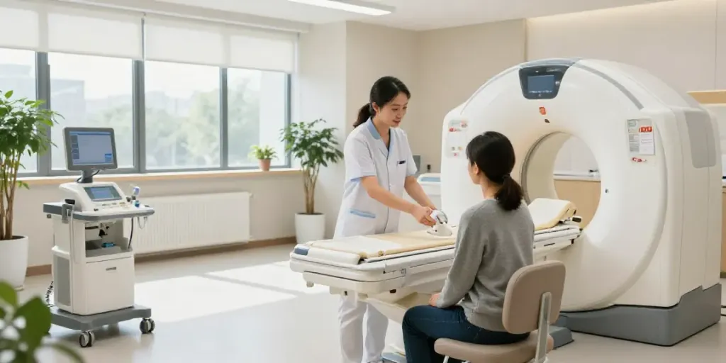 Röntgenreizbestrahlung in der Nähe: Fachpersonal erklärt den Patienten im modernen Diagnosezentrum den Ablauf der Behandlung.
