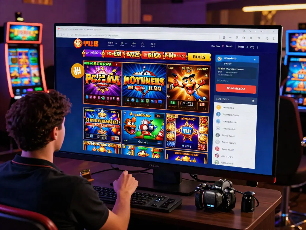 Menampilkan situs PG dengan berbagai permainan slot online dan pemain menikmati pengalaman gaming dari rumah.