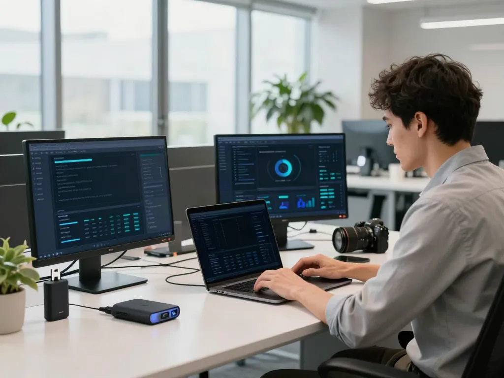 Brave browser user in a secure digital workspace, showcasing privacy-focused technology.