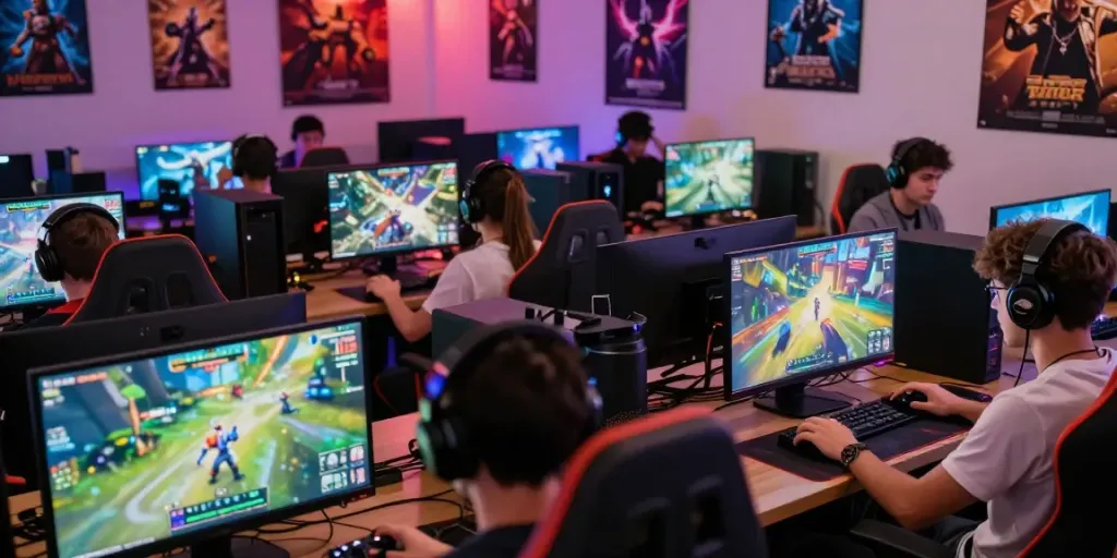 Players enjoying cika4d in a vibrant gaming lounge filled with interactive screens and gaming gear.