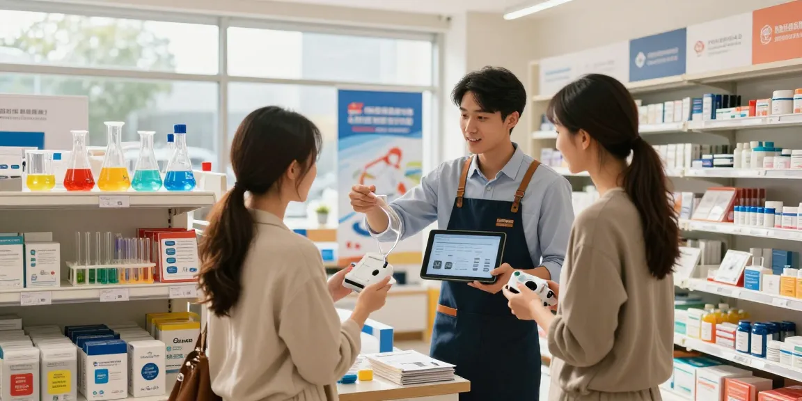 Exploring research equipment at https://summitresearchsupply.com with a store assistant in a bright retail space, showcasing diverse science supplies.