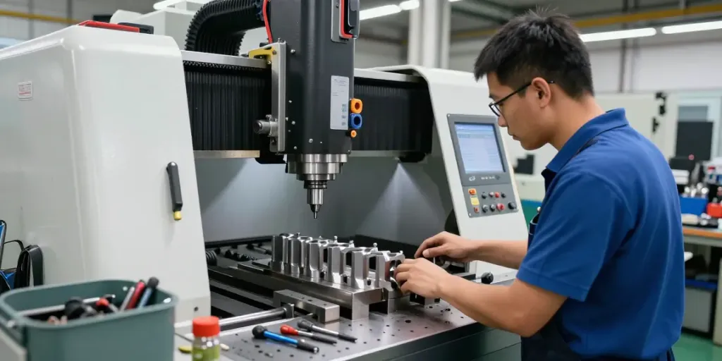 CNC machining parts being expertly crafted in a vibrant industrial workshop.