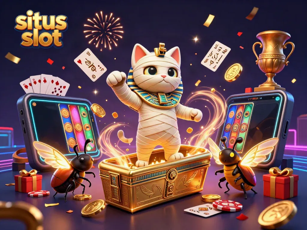 Permainan situs slot dengan karakter mumi dan kumbang berkilau dalam suasana kasino yang ramai.