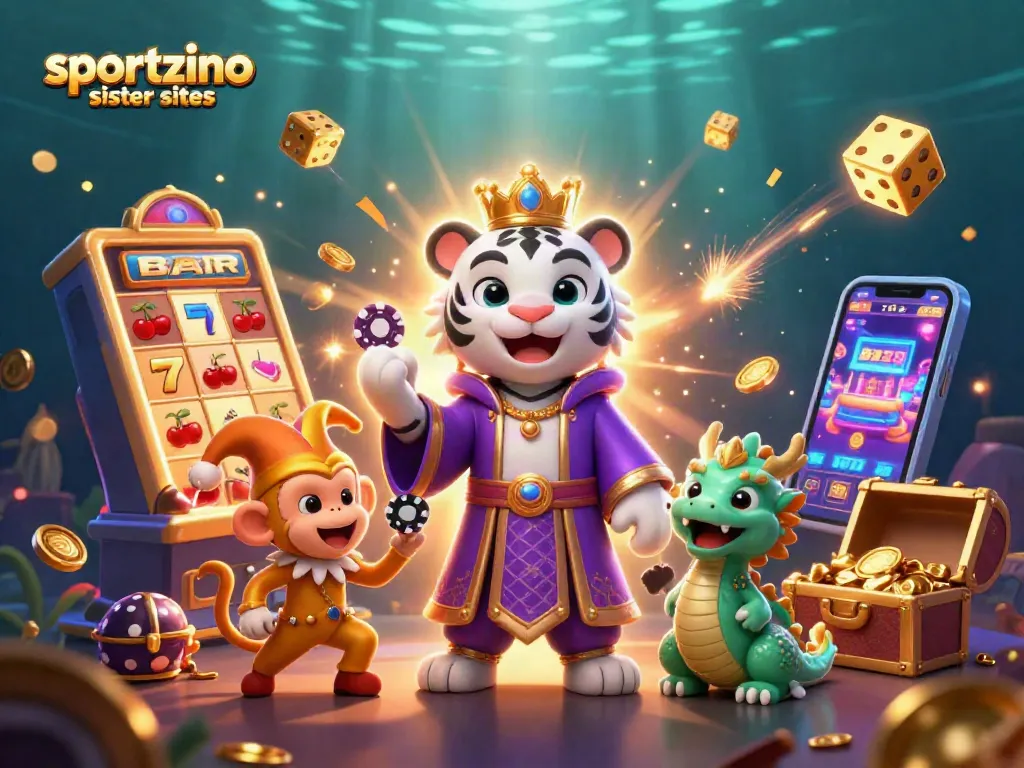 Experience fun with sportzino sister sites while an elegant tiger, playful monkey, and animated dragon bring excitement.