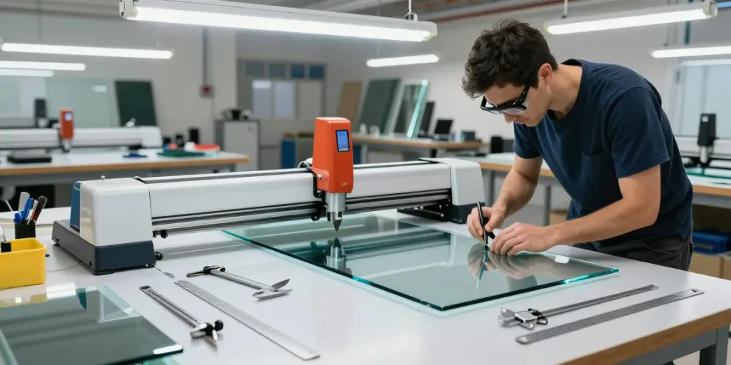 Technician using a glass cutting machine to precisely cut glass sheets in a modern workshop.