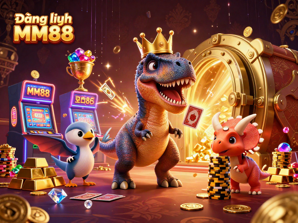 Engage with Đăng nhập MM88 in a dynamic casino scene featuring a playful T-Rex and friends.