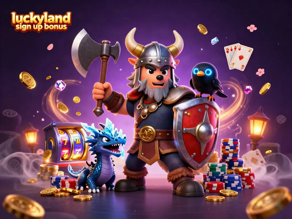 Experience the luckyland slots sign up bonus with a vibrant scene featuring a Viking warrior, fierce dragon, and illuminating casino elements.