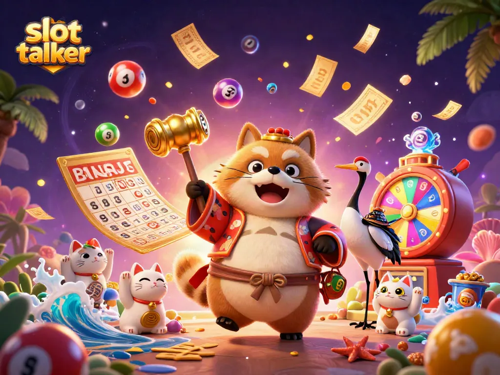 Experience the vibrant excitement of slot talker with a cheerful tanuki, samurai crane, and waving fortune cats in a lively casino setting.