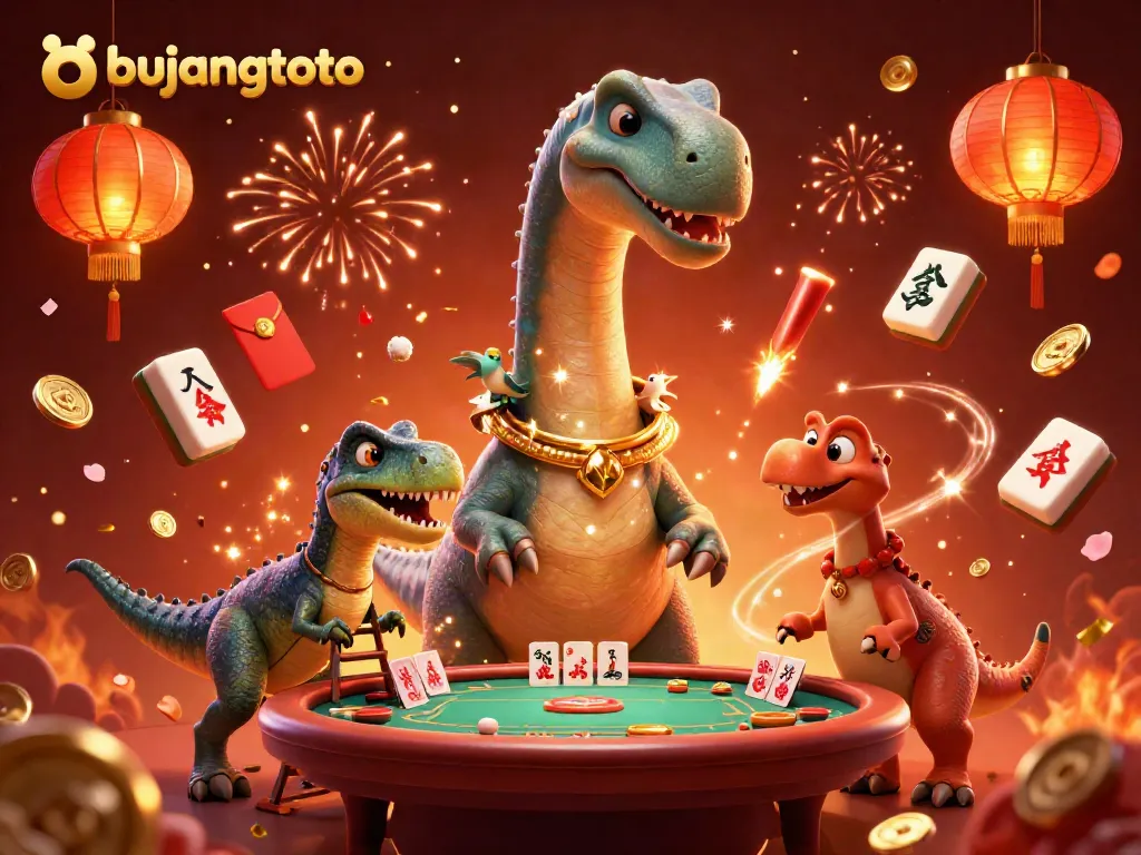 Embrace the excitement of bujangtoto with a vibrant 3D casino scene featuring animated dinosaur characters.
